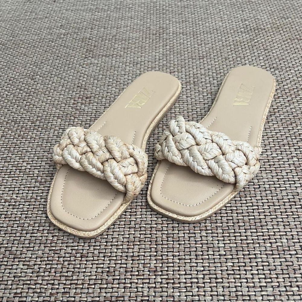 Zara Braided Slide Sandals in Beige - Women's Fashion Slip-Ons